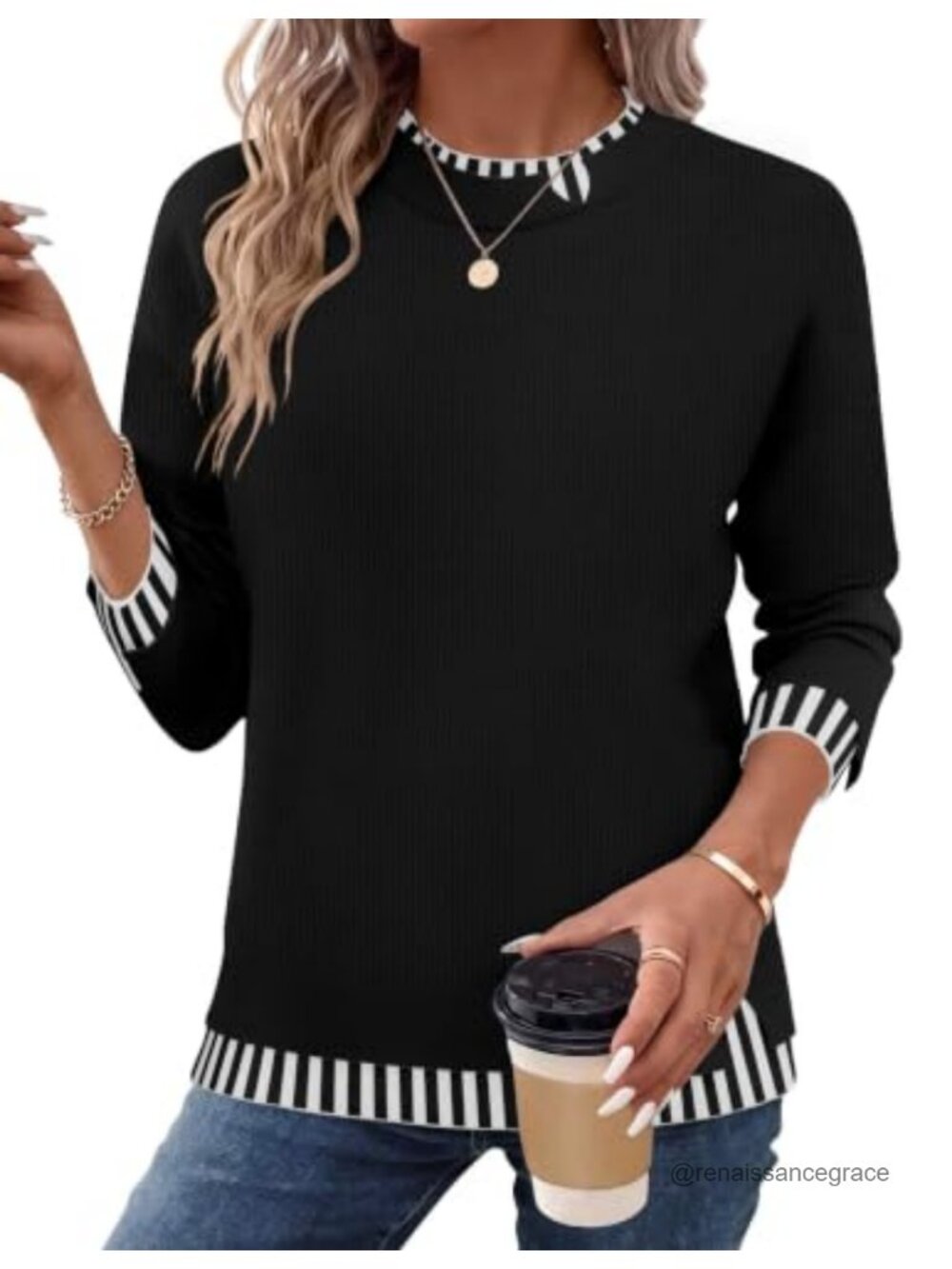 Zeagoo Womens Crewneck Long Sleeve Pullover Sweater Knit Patchwork Slit Hem